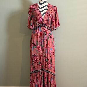 Anthropologie Coral Pink Floral Plunging Maxi Dress